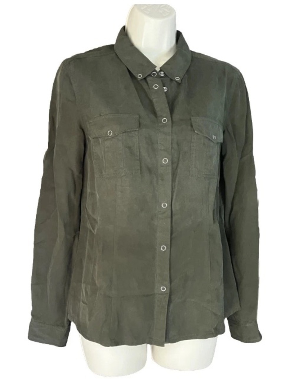 Vintage Barneys New York Military Green Utility Top Women's Tencil Blouse Top 6.